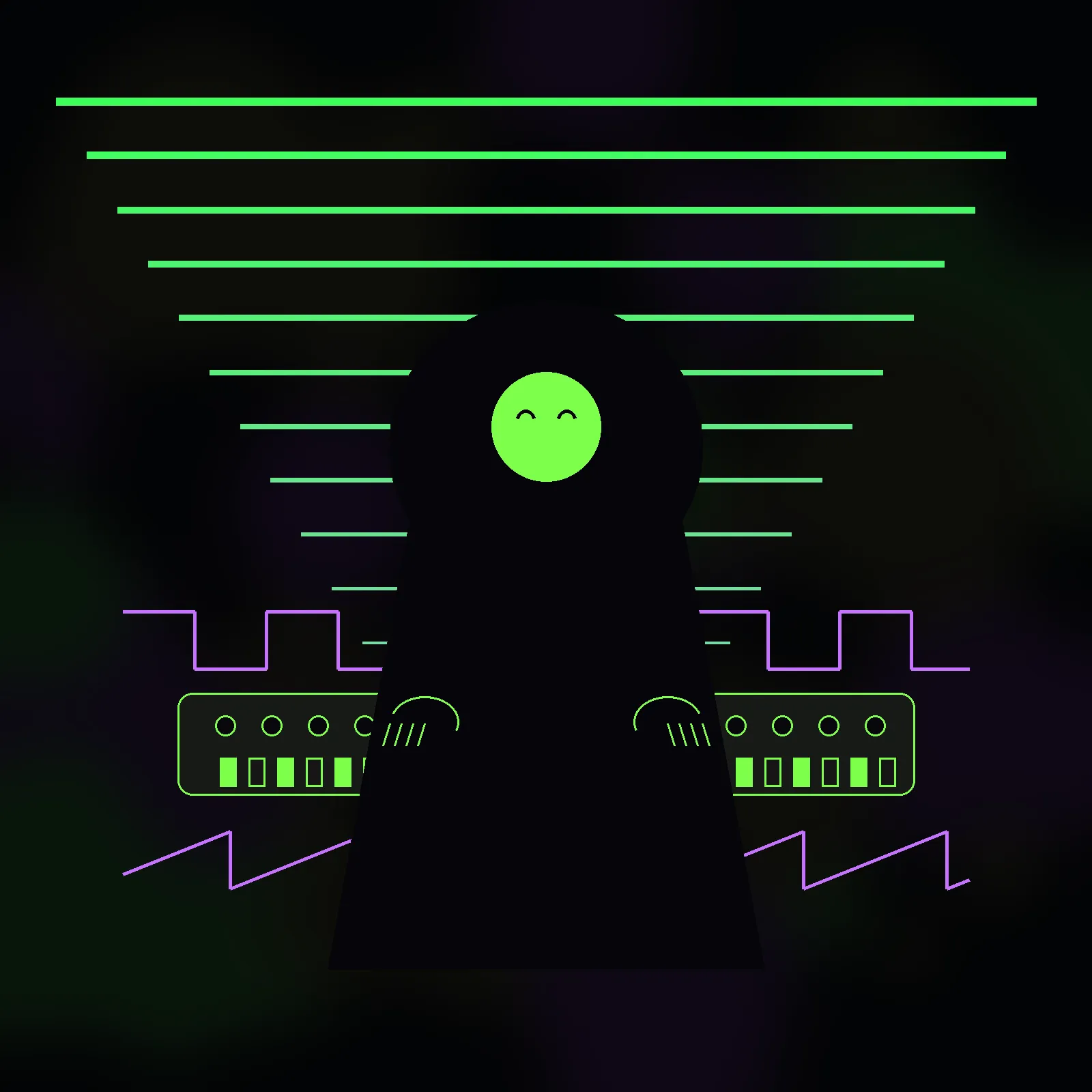 ACIDMANCER symbol: a hooded performer with acid techno hardware